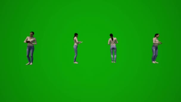 3D位亚洲女厨师绿色屏幕行走 说话和工作手机在工作中看到多种不同的观点高质量的色泽 — 图库视频影像