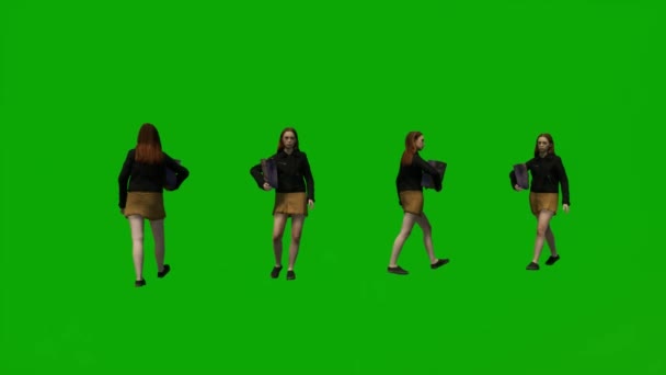 3Dアメリカのレストランのウエイトレス女性緑の画面歩くと話すとハンドバッグ都市とショッピングいくつかの異なるビュー高品質のクロマ — ストック動画