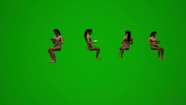 3D四个黑发女子泳衣绿屏背景 坐在一起聊天 观看假期的不同观点 — 图库视频影像