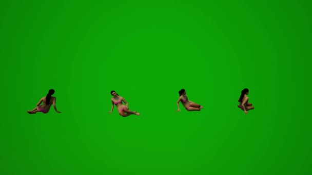 Cztery Czarne Włosy Kobiety Stroje Kąpielowe Zielony Ekran Tło Siedzi — Wideo stockowe