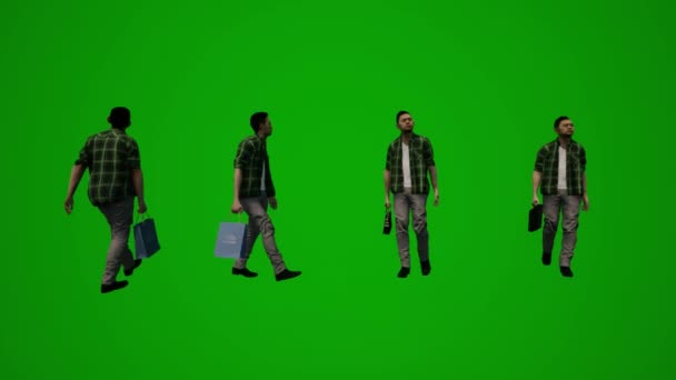 3D様々なタイ人と日本人男性グリーンスクリーン背景ショッピングと旅行モバイル休暇クロマ — ストック動画