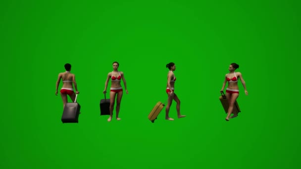 Quatro Mulheres Cabelos Pretos Maiôs Verde Tela Fundo Andando Fazendo — Vídeo de Stock