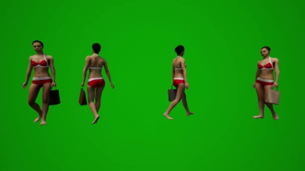 Cuatro Mujeres Pelo Negro Trajes Baño Pantalla Verde Fondo Caminando — Vídeo de stock