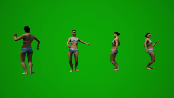 4黒髪の女性水着緑の画面の背景ダンスと話や休暇を見ていくつかの異なるビュー — ストック動画