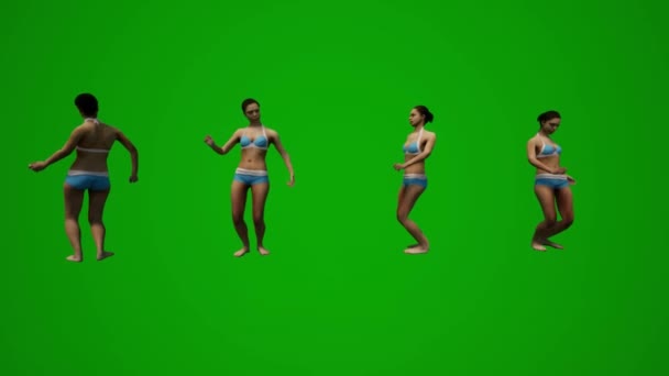 3D四个黑发女子泳衣绿屏背景跳舞 看度假 — 图库视频影像