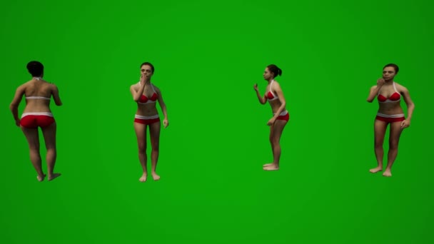 Cztery Czarne Włosy Kobiety Stroje Kąpielowe Zielony Ekran Tło Spacery — Wideo stockowe