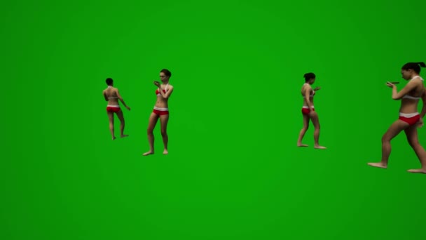 Τέσσερα Μαύρα Μαλλιά Γυναίκες Μαγιό Πράσινο Φόντο Οθόνη Περπάτημα Και — Αρχείο Βίντεο