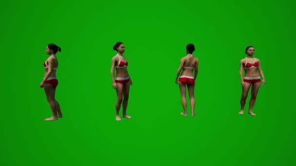 Čtyři Černé Vlasy Ženy Plavky Zelená Obrazovka Pozadí Chůze Nakupování — Stock video