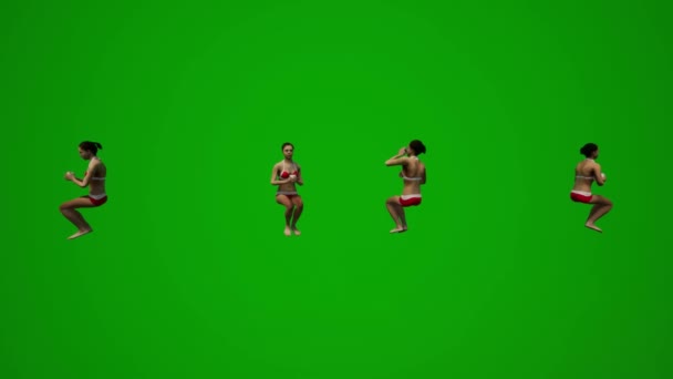 Cuatro Negro Pelo Mujeres Trajes Baño Verde Pantalla Fondo Sentado — Vídeos de Stock