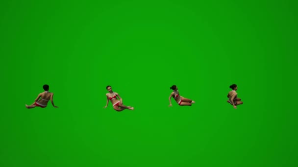 Cuatro Negro Pelo Mujeres Trajes Baño Verde Pantalla Fondo Sentado — Vídeo de stock