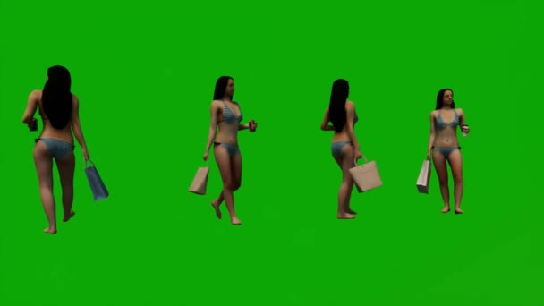 3Dカップルの女性ビキニ緑の画面の背景歩くとハンドバッグと買い物や景色を見て島の休暇いくつかの異なるビュー — ストック動画