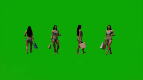 3D结合了女性的比基尼绿色荧幕背景图片 提着手提包散步和购物 观赏着岛上的风景 有好几种不同的观点 — 图库视频影像