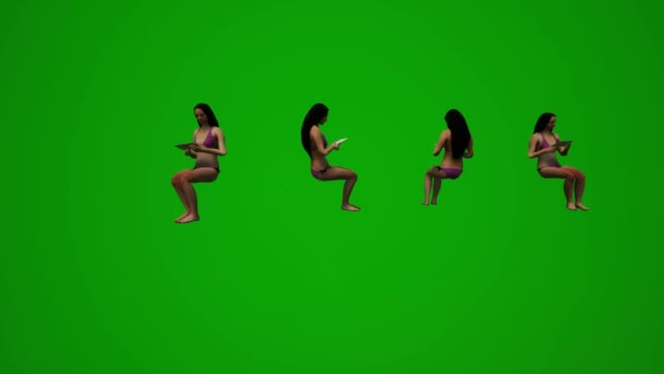 4黒髪女性水着緑の画面背景座っている話と見て休暇別のビュー — ストック動画