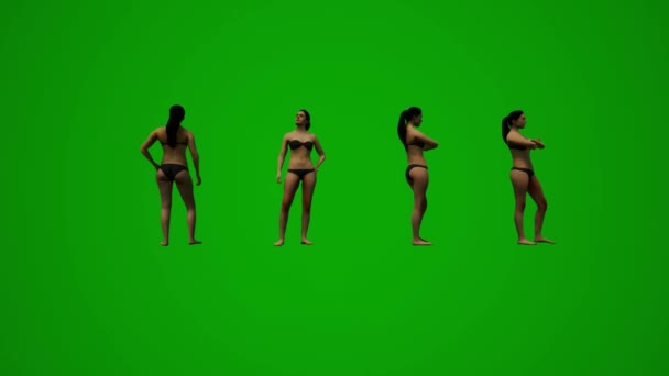 4黒髪女性水着緑の画面の背景歩行とショッピングでハンドバッグやトーキング休暇いくつかの異なるビュー — ストック動画