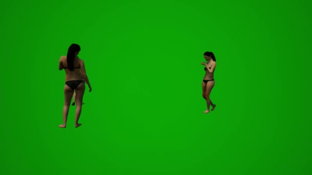 3D四个黑发女子身穿绿屏泳衣 背着手提包散步和购物 度假聊天 — 图库视频影像
