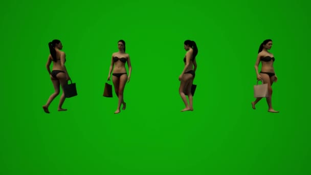 Cuatro Mujeres Pelo Negro Trajes Baño Pantalla Verde Fondo Caminando — Vídeos de Stock