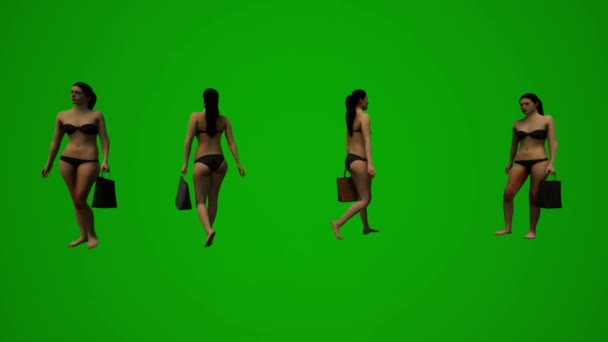 Cuatro Mujeres Pelo Negro Trajes Baño Pantalla Verde Fondo Caminando — Vídeos de Stock