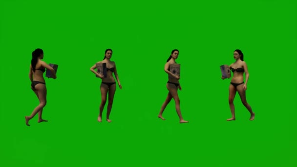 Quattro Donne Dai Capelli Neri Costumi Bagno Schermo Verde Sfondo — Video Stock