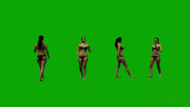 Vier Schwarzhaarige Frauen Badeanzüge Green Screen Hintergrund Fuß Und Einkaufen — Stockvideo
