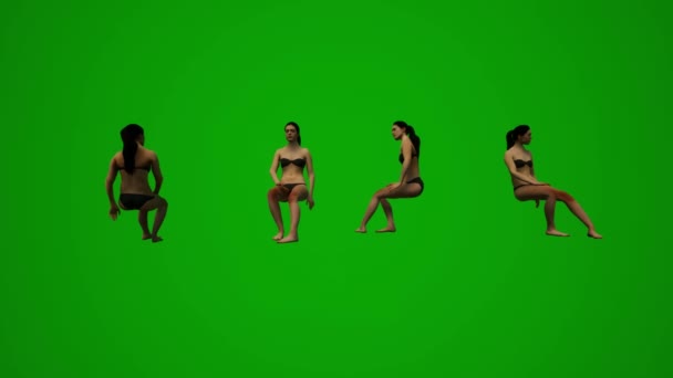 3Dフィットアメリカの女性の緑の画面の背景に座って飲みながら水泳やリラックスいくつかの異なるビュー — ストック動画