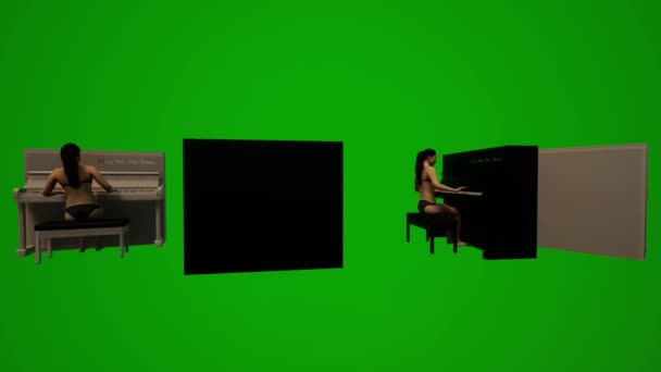 3Dフィットアメリカの女性の緑の画面の背景に座って飲みながら水泳やリラックスいくつかの異なるビュー — ストック動画