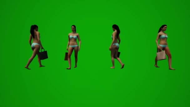 3D拍摄了美丽的美国女人与朋友一起购物的绿色屏幕背景图 还有几个不同的购物袋 — 图库视频影像