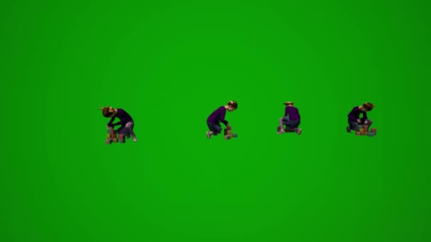 3Dいくつかの異なる子供たち緑の画面の背景いくつかの異なるビューからゲームの町を再生し ジャンプし 話してクロマ — ストック動画