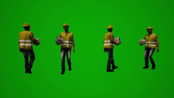 3Dいくつかの異なる工場労働者緑の画面の背景話と歩くと踊りといくつかの異なる角度を飲むクロマ — ストック動画