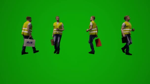 3D几个不同的工厂工人绿色屏幕背景 会说话 会走路 会跳舞 还会喝好几种不同的颜色 — 图库视频影像
