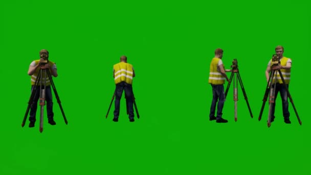 3Dいくつかの建築家や建設労働者緑の画面を歩くと作業や掘削し いくつかの異なるビューと高品質のクロマを測定 — ストック動画