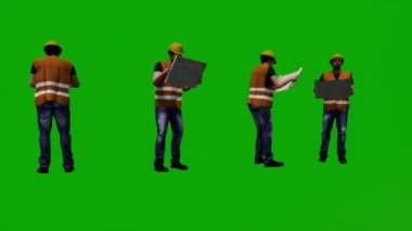 3D çoklu inşaat projesi çalışanları yeşil ekran çalışıyor ve telefonla konuşuyor birden fazla farklı görünüm yüksek kalite kroma