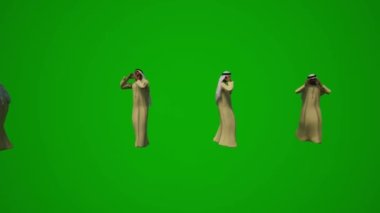 Üç boyutlu grup farklı BAE ve Arap Müslüman erkekler yeşil ekran arka plan alışverişi içki ve seyahat havaalanı farklı görüşler kroma