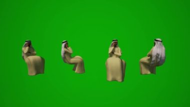 3D grup farklı BAE ve Arap Müslüman erkekler yeşil ekran arka planda oturuyor meslektaşlarıyla konuşuyor ve cep telefonu camisine çeşitli farklı bakış açılarını kontrol ediyor