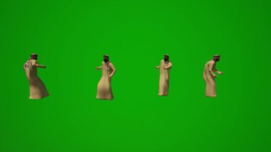 3D grup farklı BAE ve Arap Müslüman erkekler yeşil ekran arka planda oturuyor meslektaşlarıyla konuşuyor ve cep telefonu camisine çeşitli farklı bakış açılarını kontrol ediyor