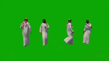 3D grup farklı BAE ve Arap Müslüman erkekler yeşil ekran arkaplan konuşan cep telefonu ve iş arkadaşları ve cep telefonu ofisini kontrol