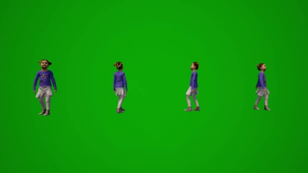 3Dいくつかの異なるアメリカの学生の女の子緑の画面の背景演奏学校の庭と彼女の友人と話をし いくつかの異なるビューを実行 — ストック動画