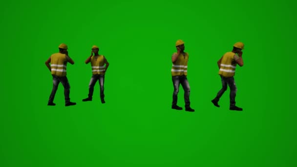 Varios Trabajadores Fábrica Diferentes Pantalla Verde Fondo Hablando Caminando Bailando — Vídeos de Stock