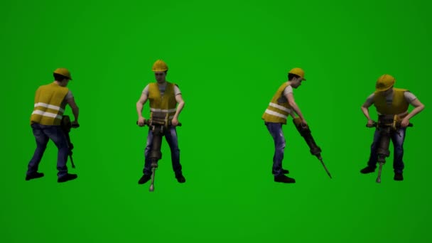 3Dいくつかの建築家や建設労働者緑の画面を歩くと作業や掘削し いくつかの異なるビューと高品質のクロマを測定 — ストック動画