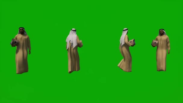 3Dグループ別Uaeとアラブのイスラム教徒の男性緑の画面背景ショッピング飲料と旅行空港いくつかの異なるビュークロマ — ストック動画