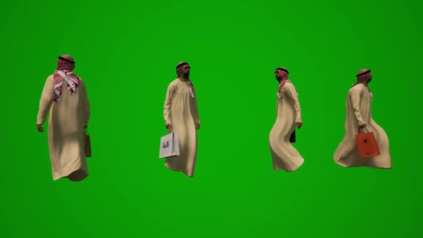 3D几个阿拉伯酋长不同的阿拉伯服装绿色屏幕走着 喝着好几种观点和色彩 — 图库视频影像