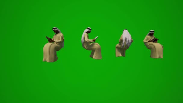 3D组不同的阿联酋和阿拉伯穆斯林男性绿色屏幕背景 与同事交谈 查看手机清真寺的几种不同观点 — 图库视频影像