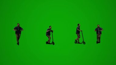 Üç boyutlu Taylandlı ve Japon erkekler yeşil ekranda telefonla konuşuyor, yürüyor ve Chroma cep telefonlarıyla çalışıyor.