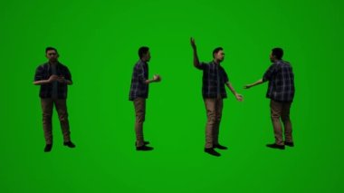 3D çeşitli Tayland ve Japon erkekleri yeşil ekran arka planda gezici Chroma partisinde arkadaşlarıyla ve meslektaşlarıyla konuşuyor