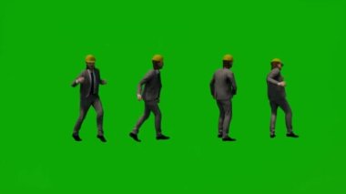 Animasyon dört erkek inşaat yöneticileri yeşil ekran konuşuyor ve yürüyen bina projesi