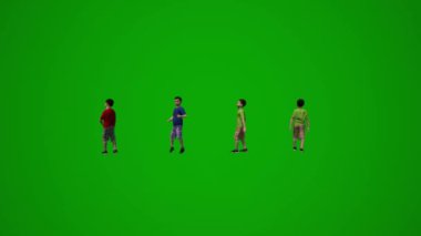 Çocuk yeşil ekran oynuyor ve koşuyor, düşünüyor, ayakta duruyor, dans ediyor, yürüyor, birkaç farklı pozla oturuyor.