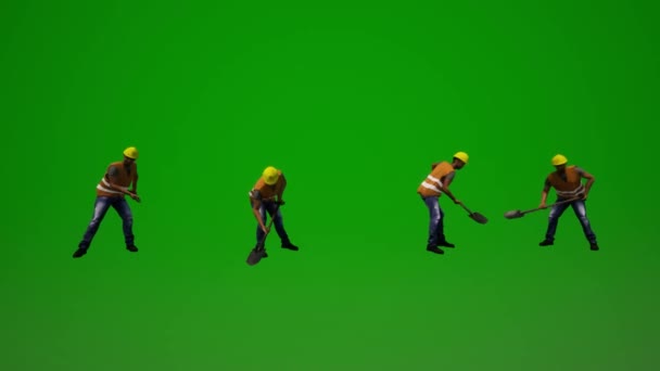 非洲工人绿色屏幕挖掘铲子四个不同的3D视图 — 图库视频影像