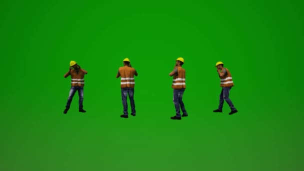 都会の労働者は緑の画面を歩くと4つの異なるビューで電話を相談3D — ストック動画