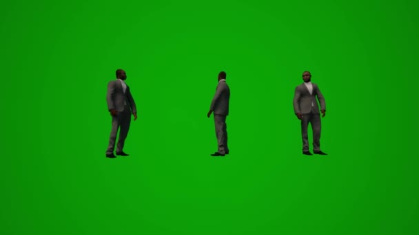 Czarny Biznes Człowiek Zielony Ekran Chodzić Telefon Komórkowy Rozmawiać Siedzi — Wideo stockowe