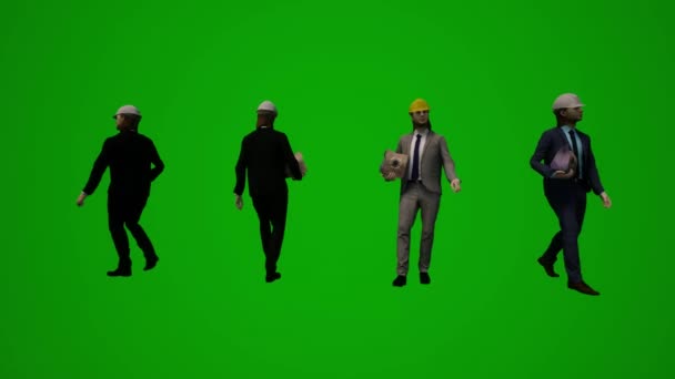 Animacja Czterech Menedżerów Budownictwa Zielony Ekran Mówiący Chodzący Projekt Budynku — Wideo stockowe