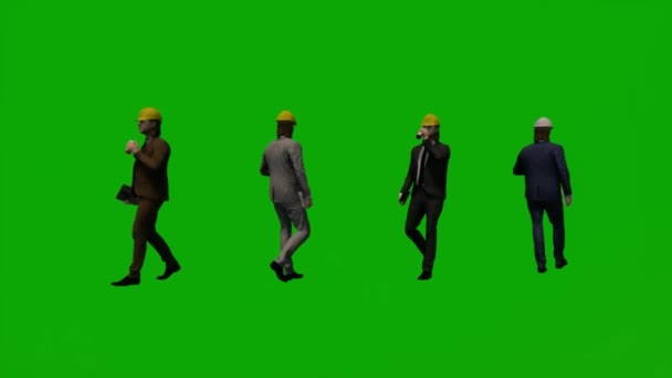 アニメーション4人の男性建設管理者緑の画面のトーキングと歩行建物プロジェクト — ストック動画